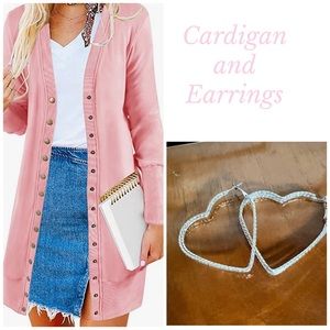 Womens Small Pink Cardigan, with buttons, V Neck & Heart Shaped earrings.